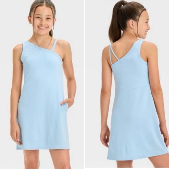 All In Motion Girls Asymmetrical Strap Active Dress Light Blue Built in Shorts - Picture 1 of 9